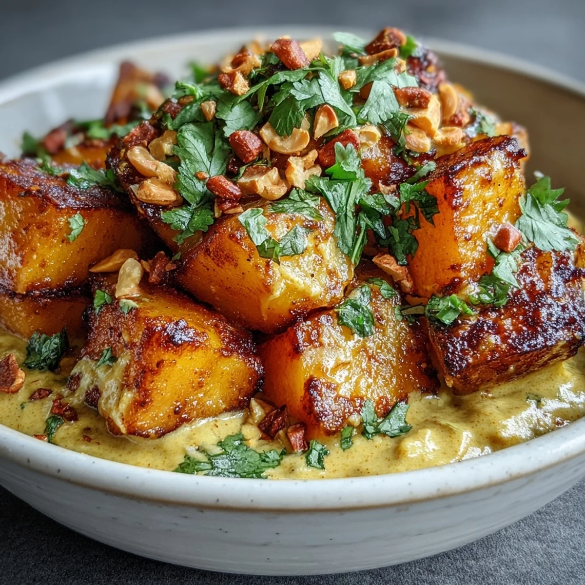 Golden-brown roasted celeriac cubes simmer in a creamy, aromatic coconut curry sauce. This Curried Celeriac recipe is served garnished with fresh cilantro and toasted cashews over fluffy rice.