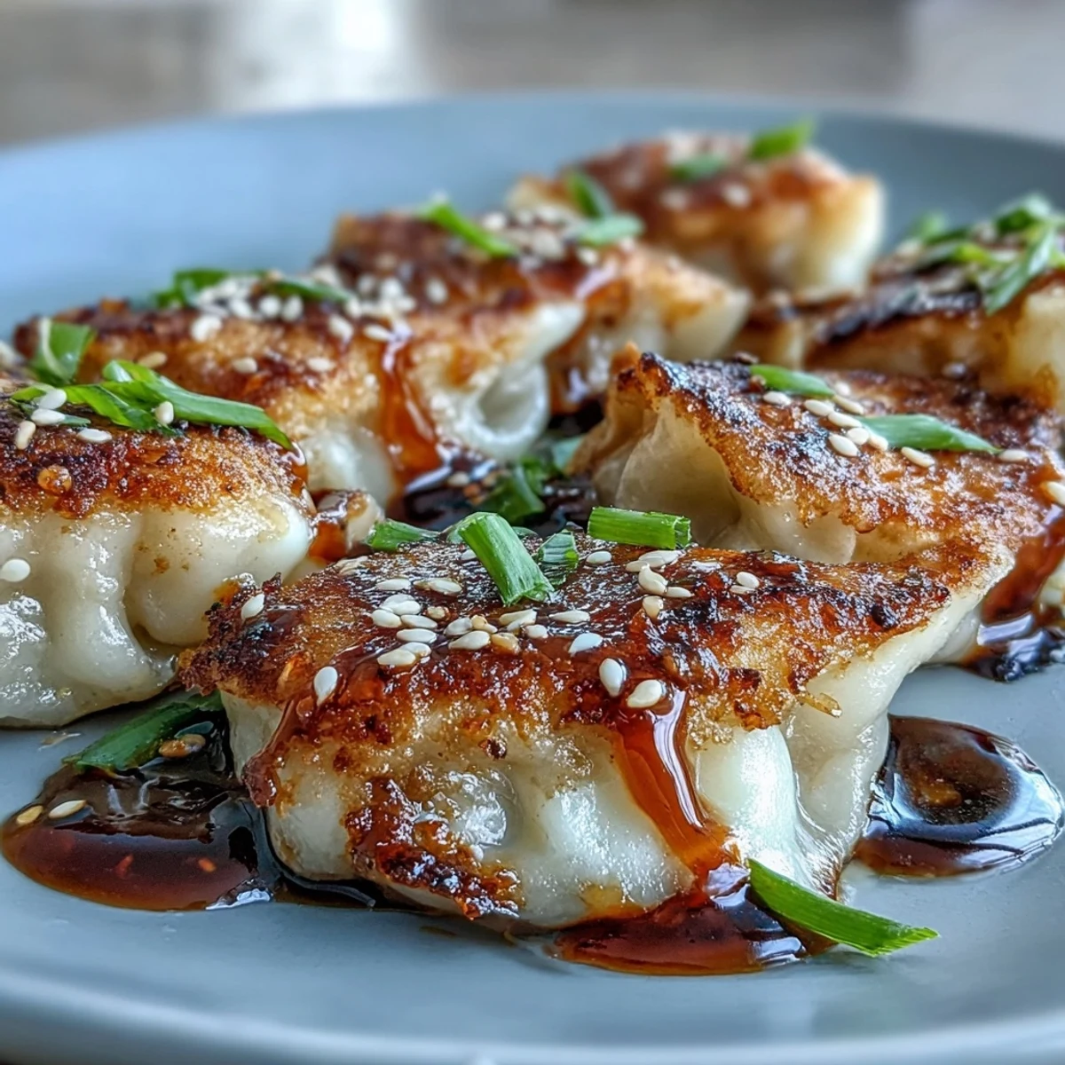 Golden pan-fried Chīzu Imomochi dumplings glazed with sticky soy-honey sauce, served warm on a plate.