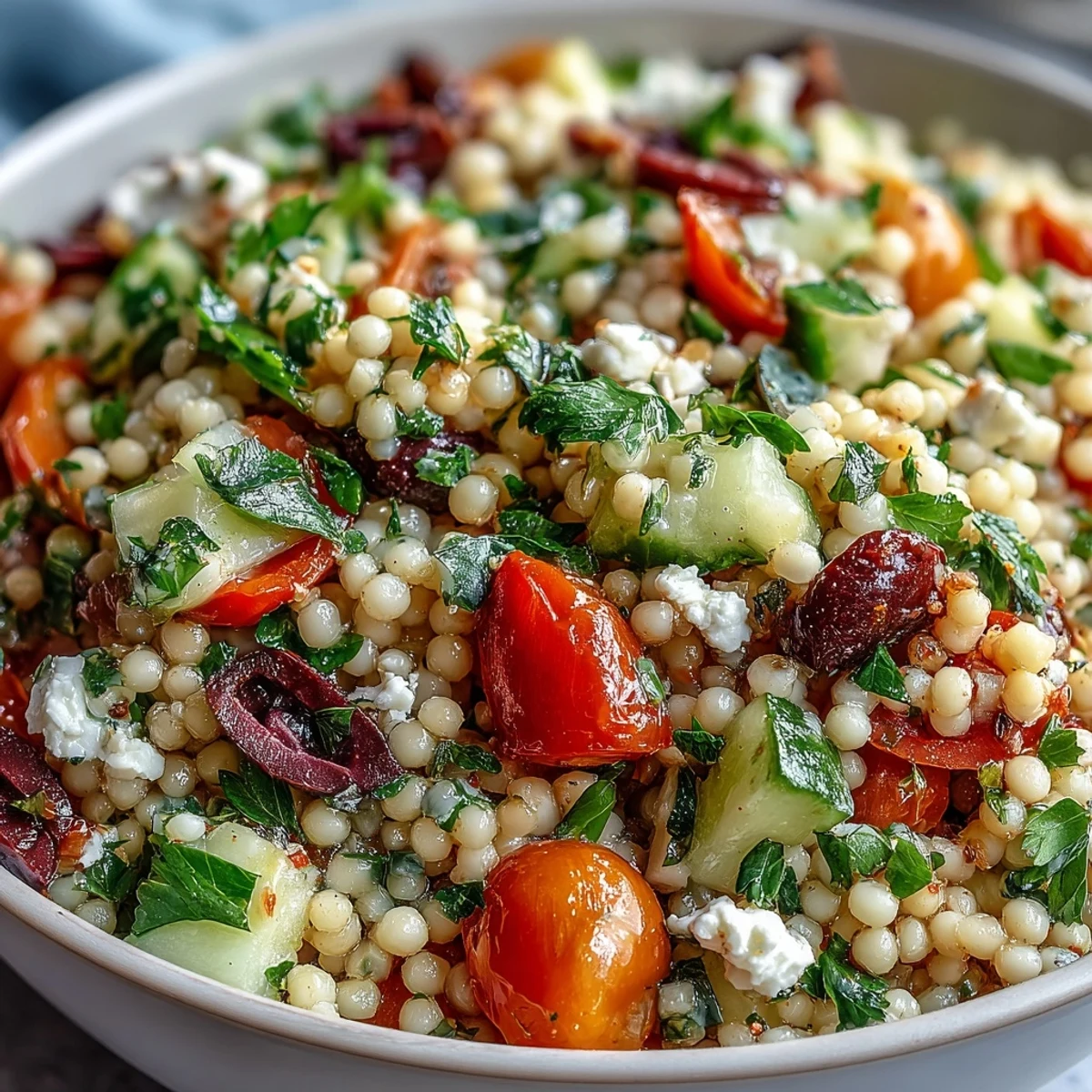A close-up of Mediterranean Pearl Couscous in a serving bowl, drizzled with zesty oregano vinaigrette and ready to eat.