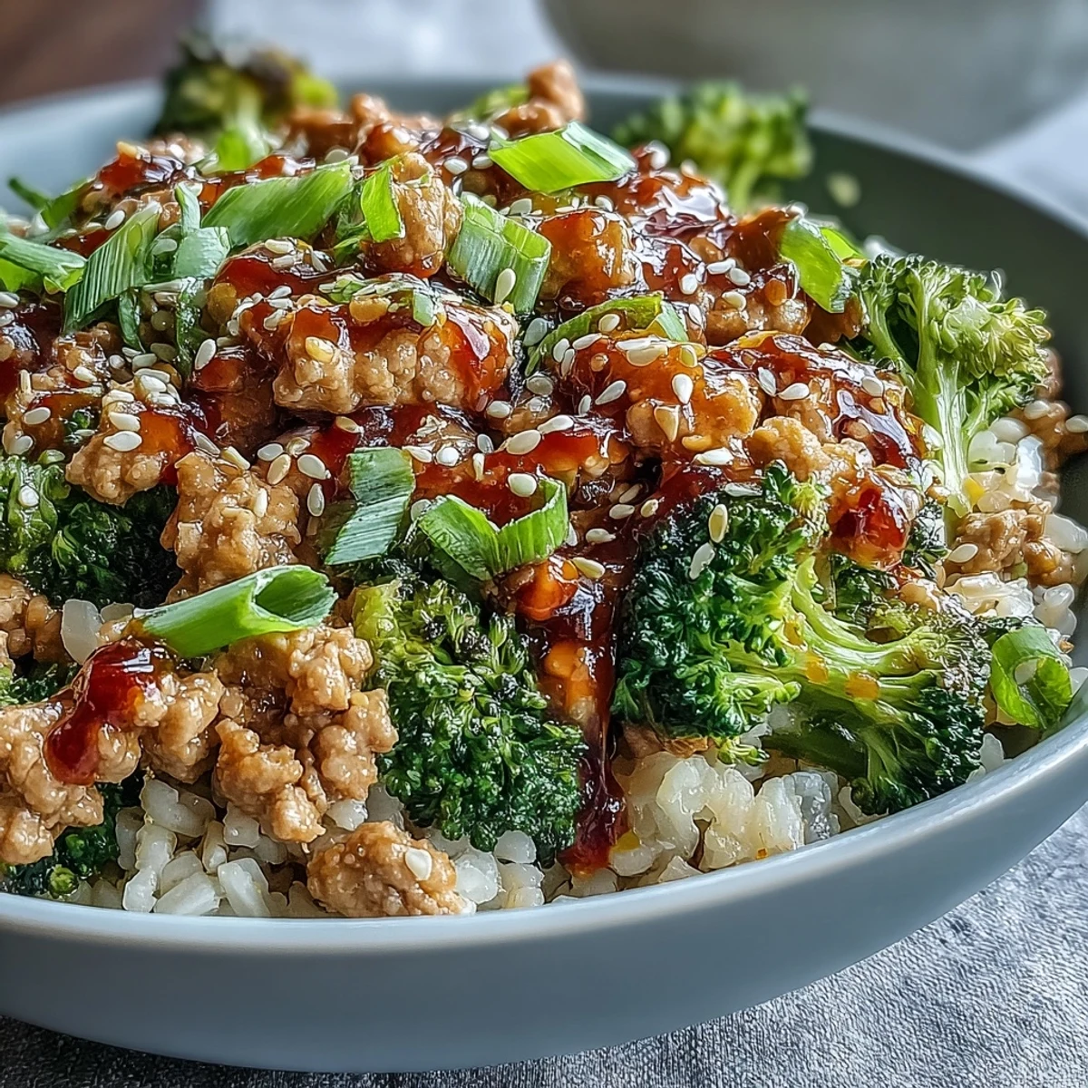 Vibrant Sweet and Spicy Turkey Broccoli Bowls feature glazed ground turkey, steamed green broccoli, and brown rice, garnished with sesame seeds and green onion on a wooden table.