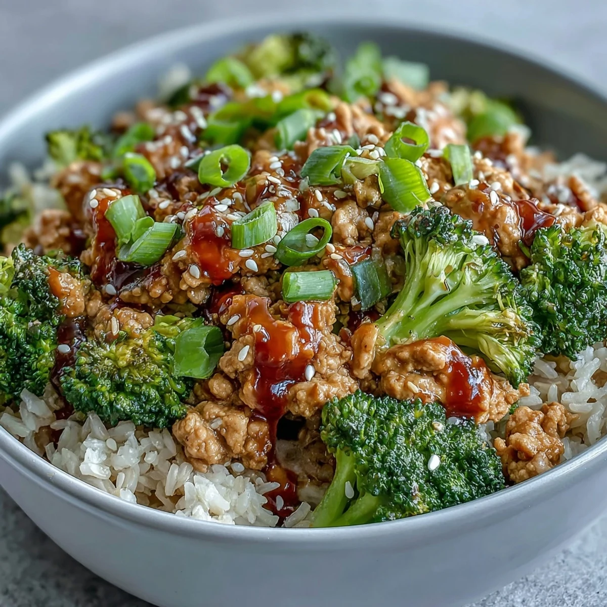 A single serving of Sweet and Spicy Turkey Broccoli Bowls sits on a white marble counter, highlighting tender turkey and a rich, glossy sauce coating the grains.