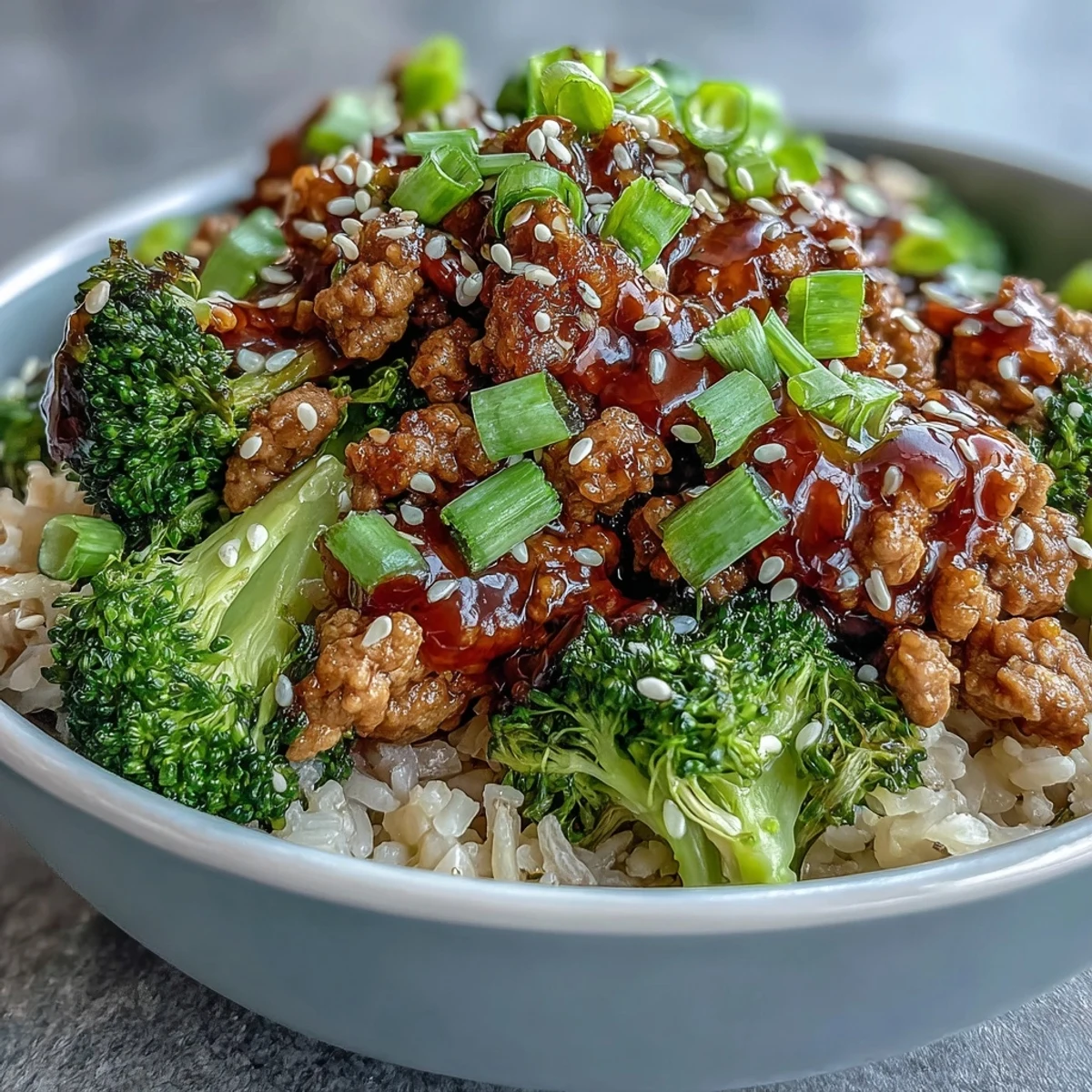 Close-up of Sweet and Spicy Turkey Broccoli Bowls reveals sautéed turkey, fresh ginger and garlic aromas, and bright green broccoli florets mixed into steaming rice.