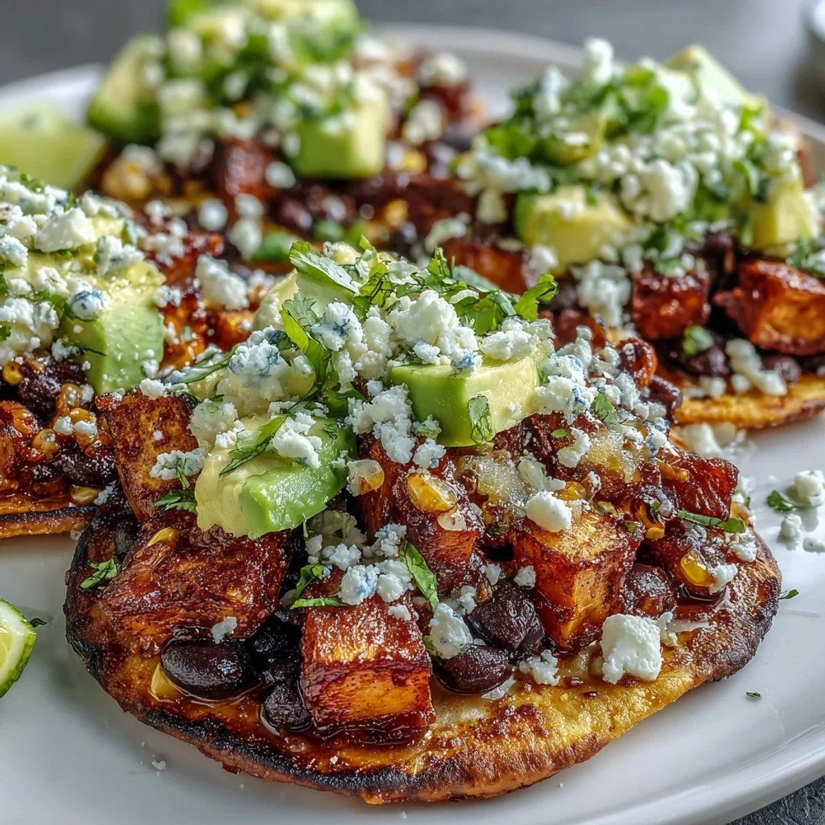 Golden sweet potato cubes and creamy avocado slices on crisp tostadas. 