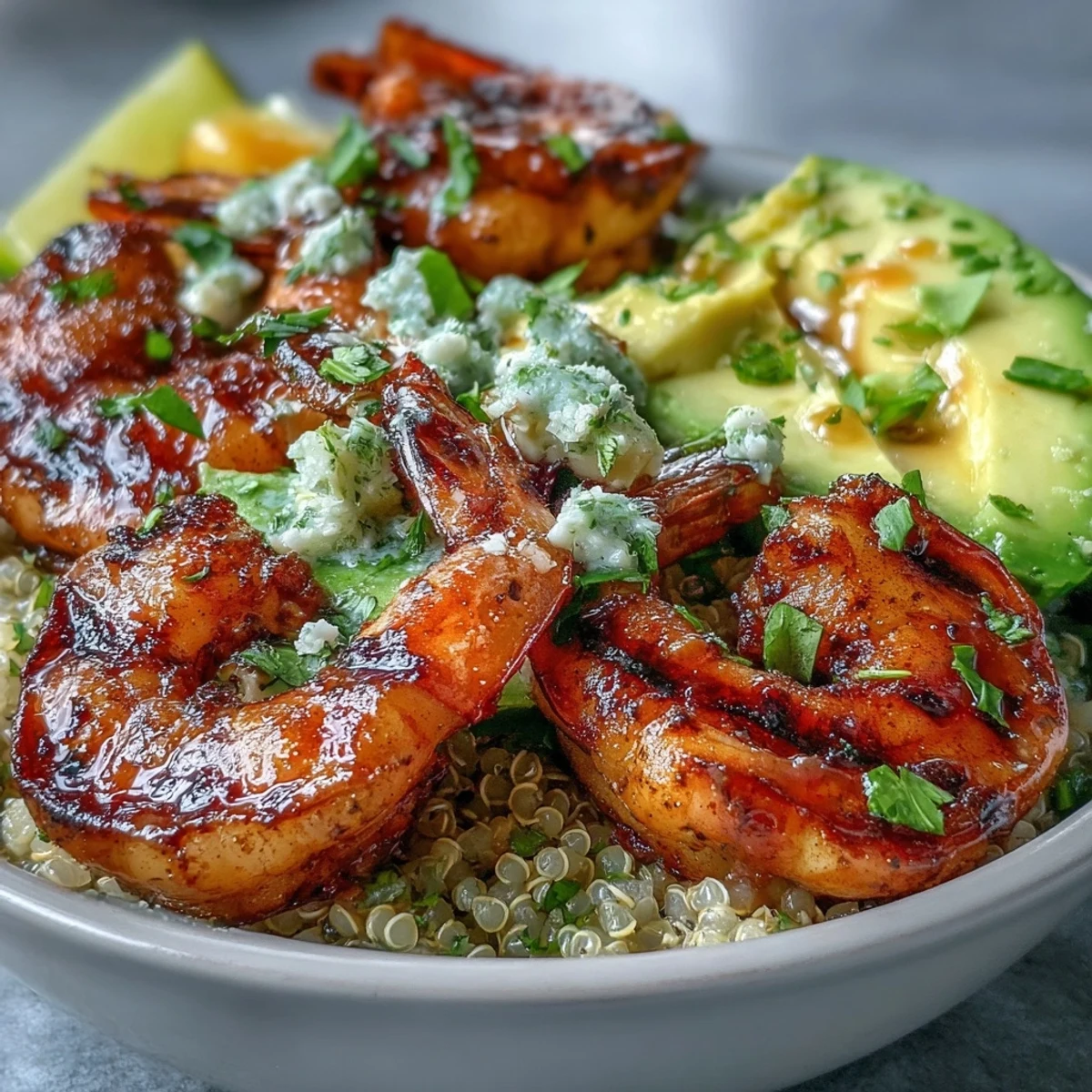 Colorful quinoa bowls hold juicy grilled shrimp, ripe avocado, and zesty mango salsa, garnished with lime wedges.