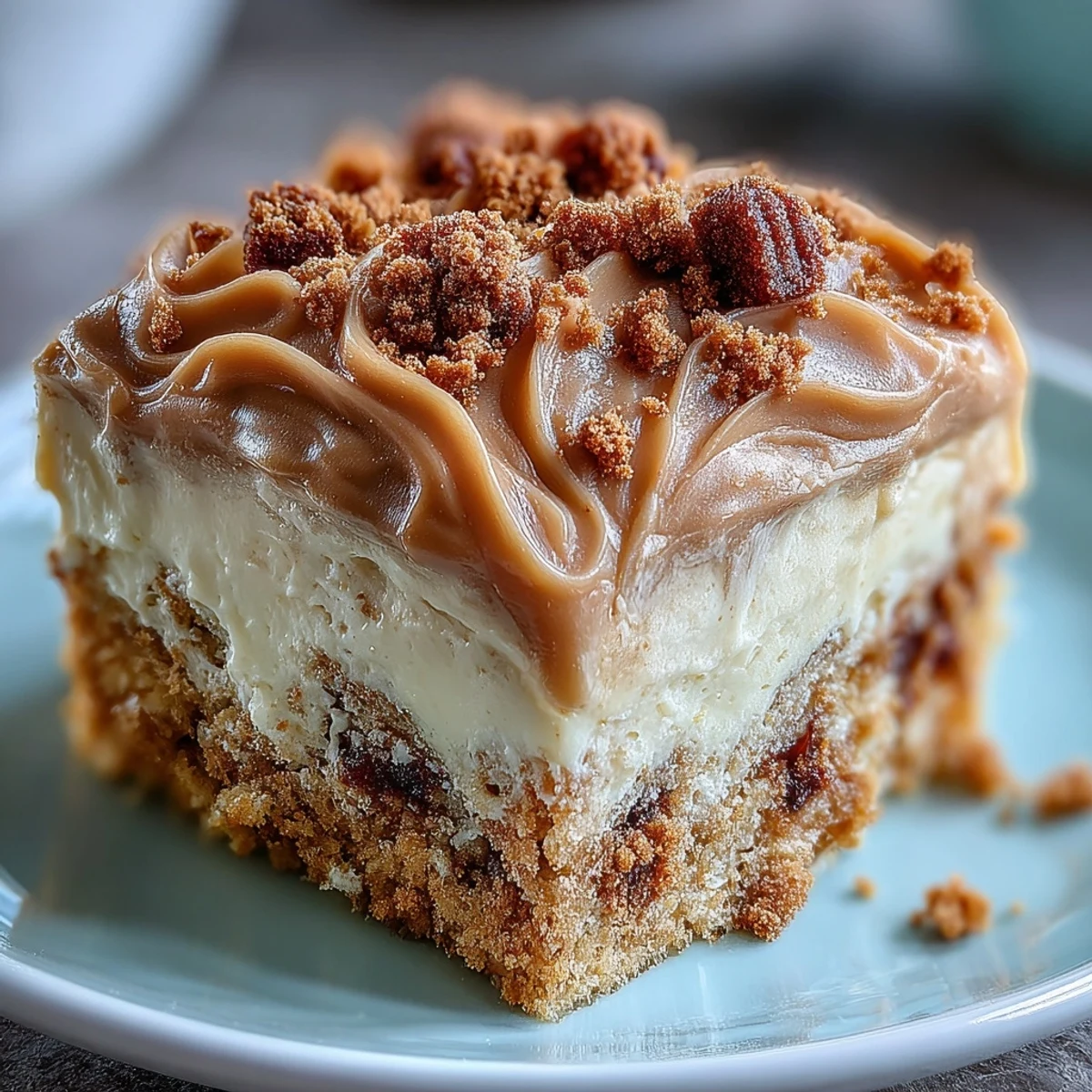 A thick slice of Decadent Baked Biscoff Cake with Creamy Lotus Frosting is plated, revealing velvety caramel frosting and crumbled Biscoff biscuit topping.