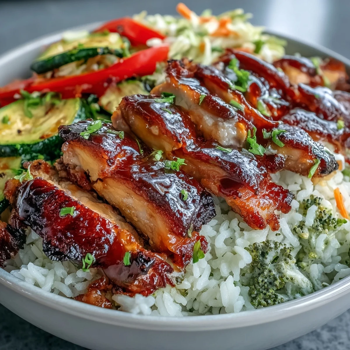 Golden BBQ-glazed chicken slices rest on fluffy white rice with crunchy coleslaw and colorful roasted vegetables.