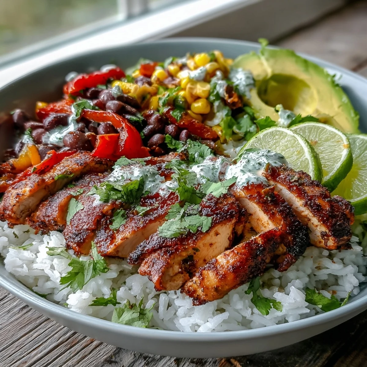 Golden-brown Cajun Chicken Bowl with fluffy rice, sautéed bell peppers, black beans, and fresh avocado slices ready to serve.