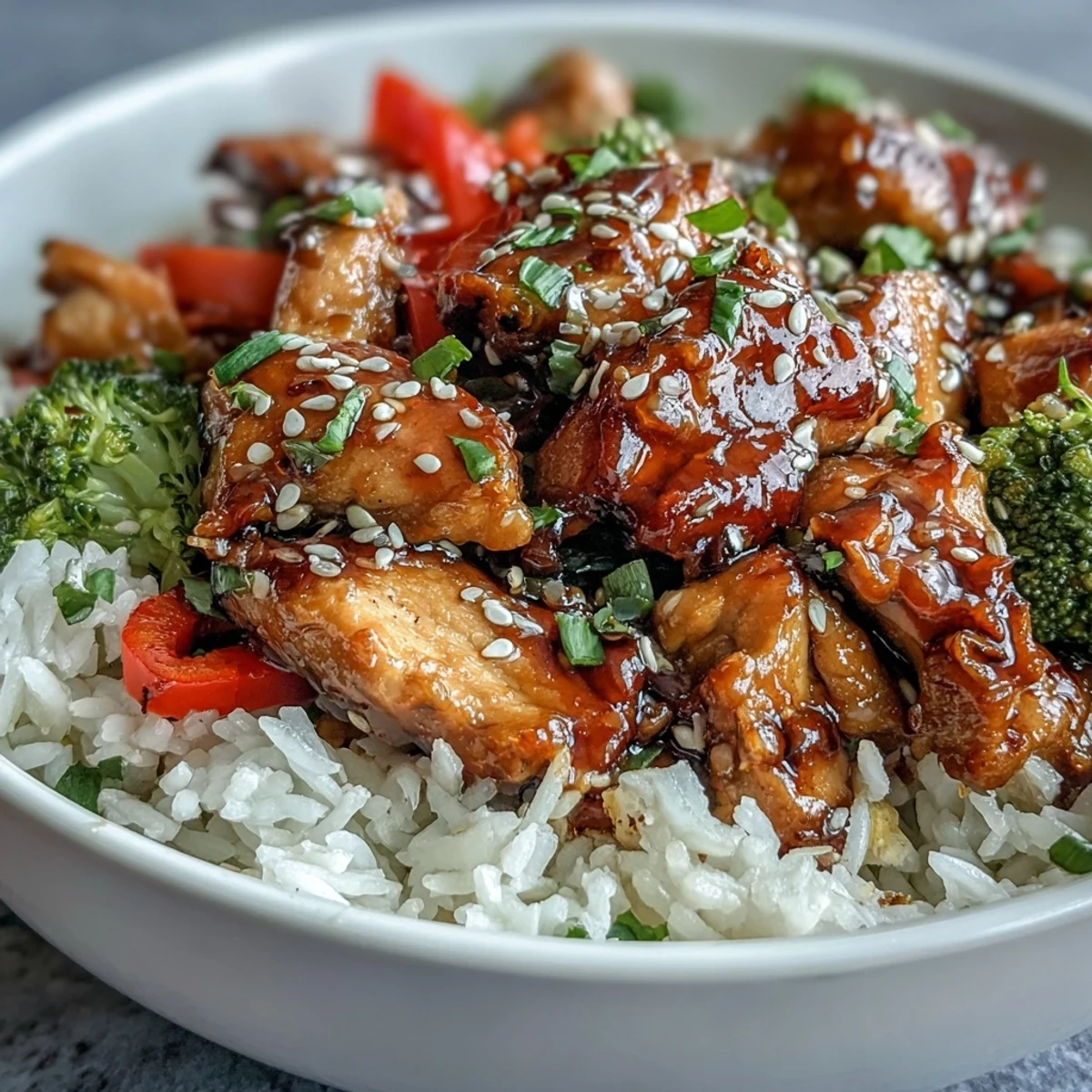 Enjoy a family-style Honey Garlic Chicken Bowl featuring sautéed chicken, crisp veggies, and steamed jasmine rice.