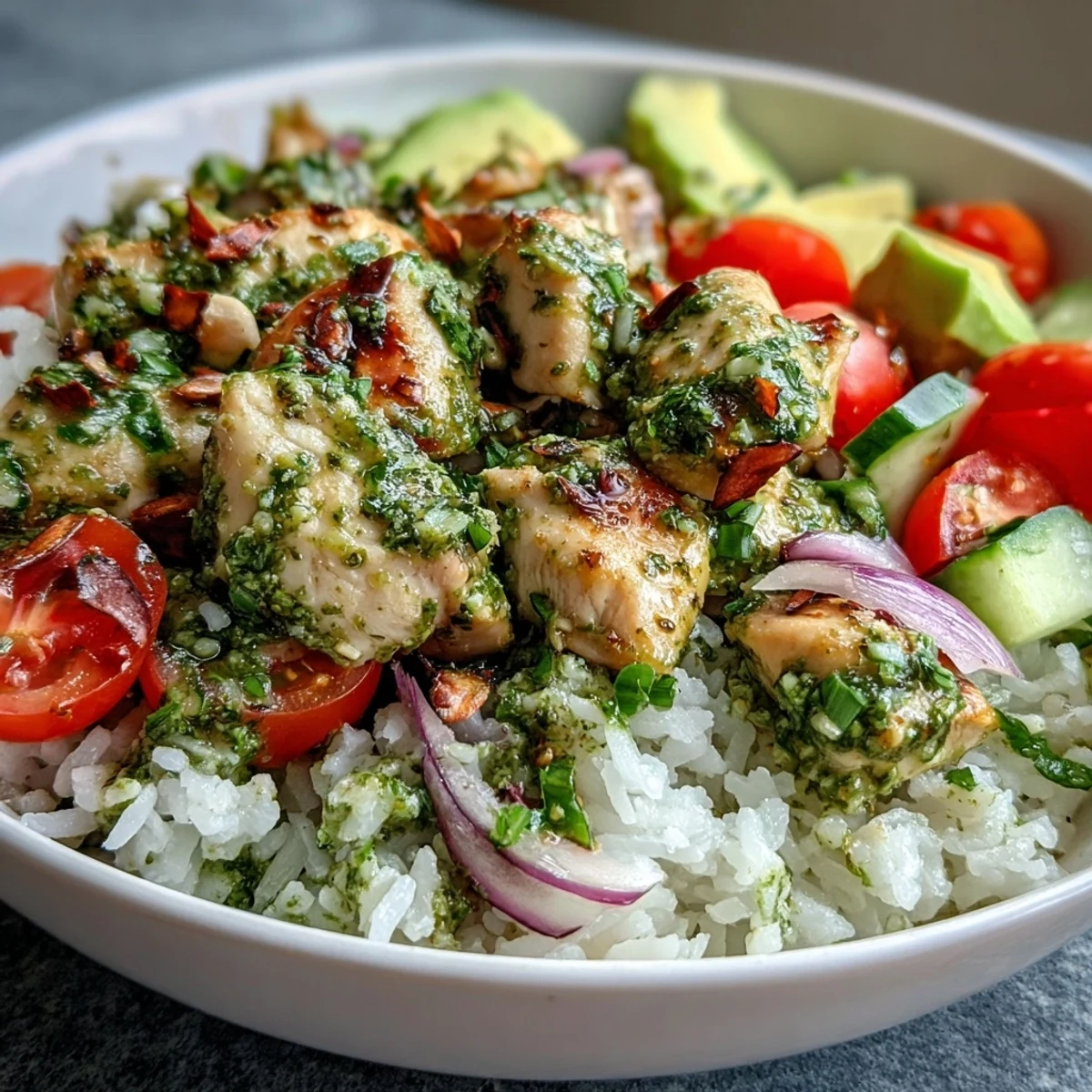 Vibrant basil pesto chicken, diced and cooked until golden, rests atop fluffy jasmine rice in a white bowl.