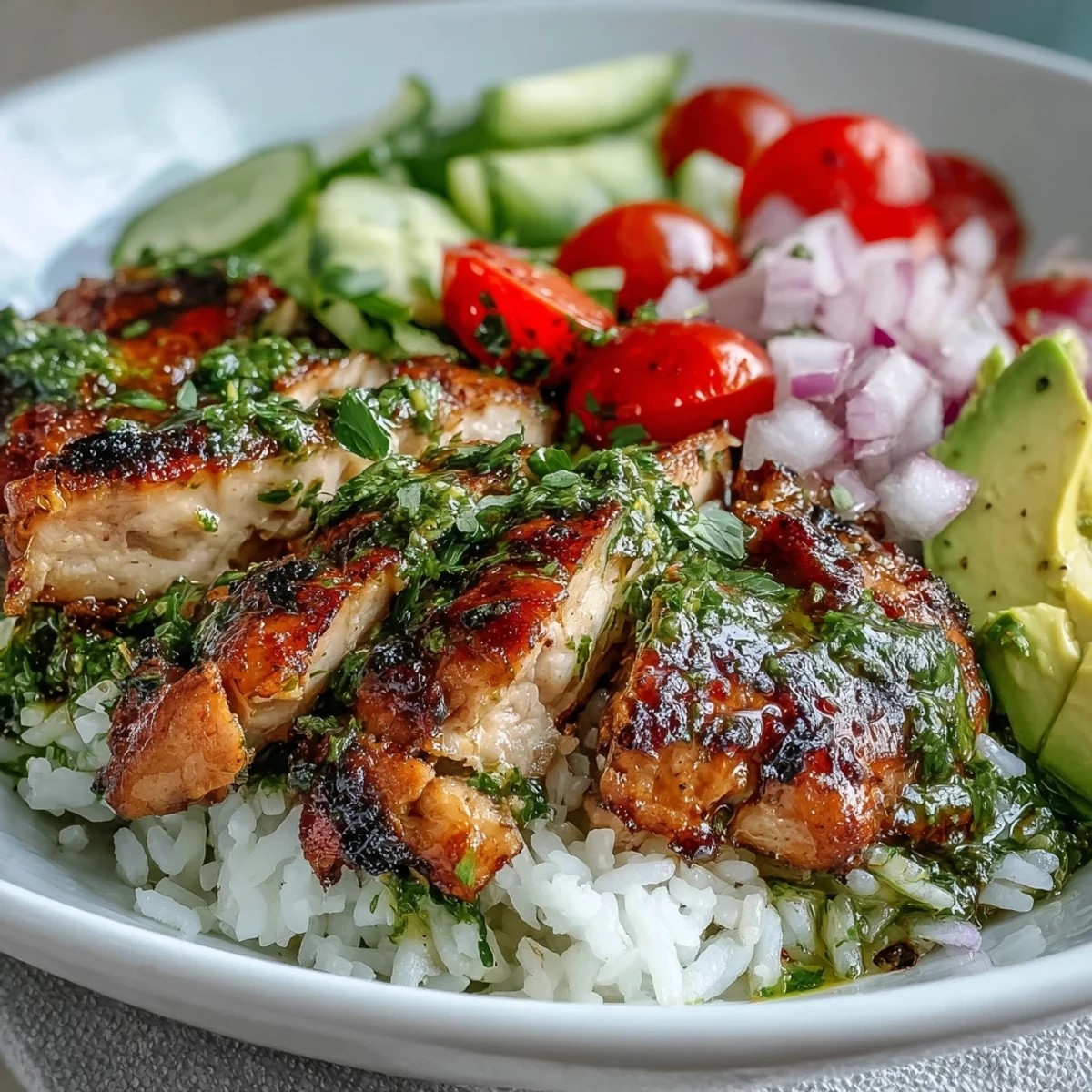 Freshly grilled chimichurri chicken slices rest on fluffy rice with diced avocado, cucumber, and bright red onion.