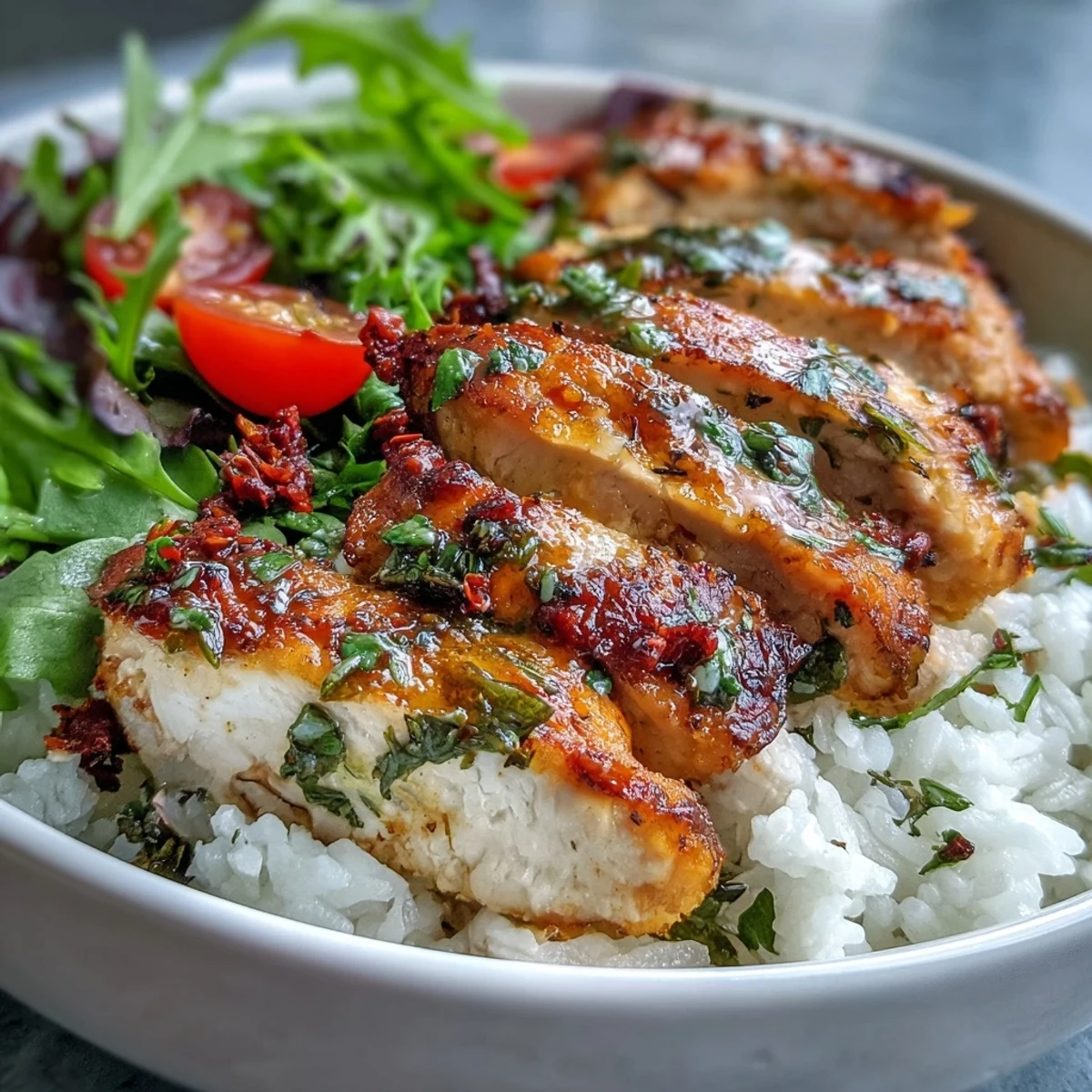Sun-Dried Tomato Chicken Bowl features juicy marinated chicken slices, fluffy rice, and crisp greens on a white plate.