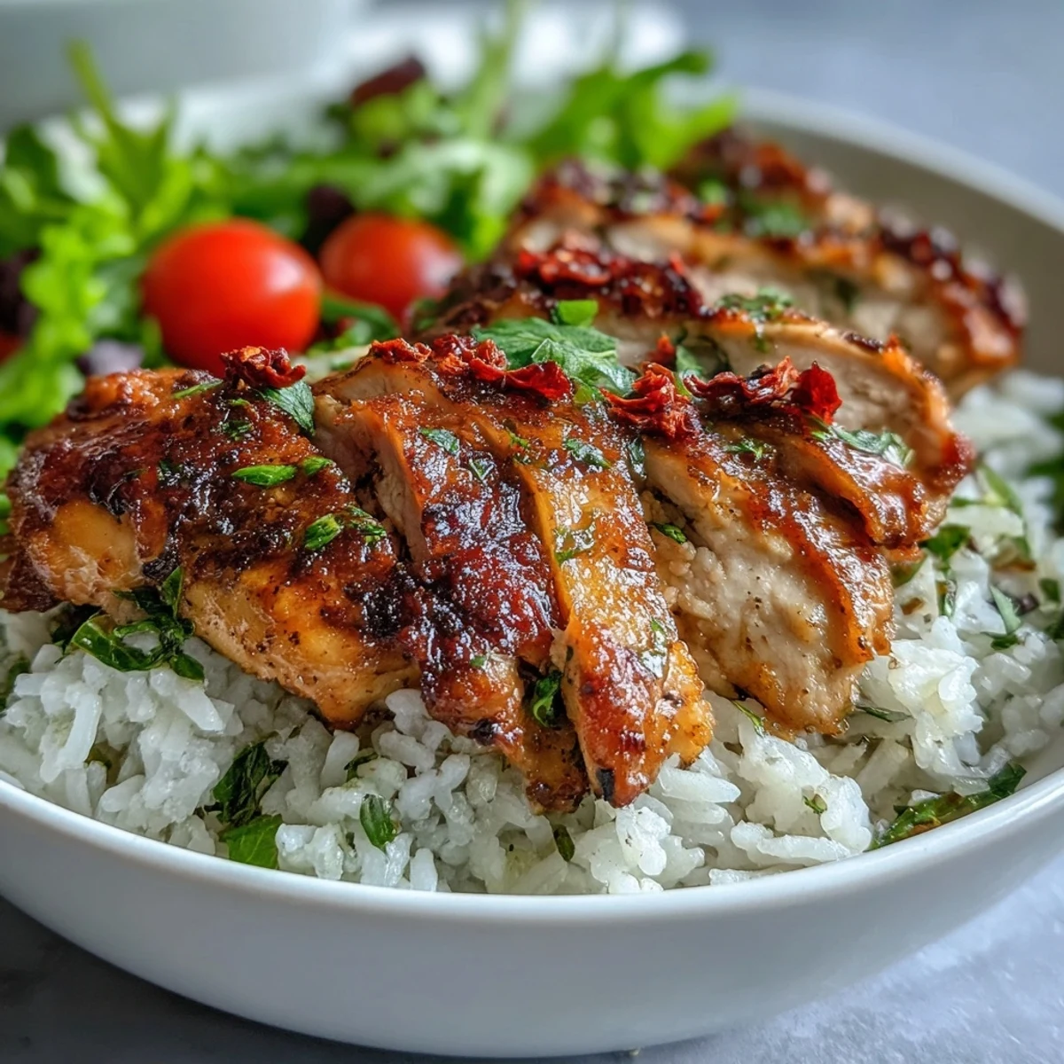 A close-up of the Sun-Dried Tomato Chicken Bowl highlights golden chicken, red tomatoes, and toasted pine nuts over rice.