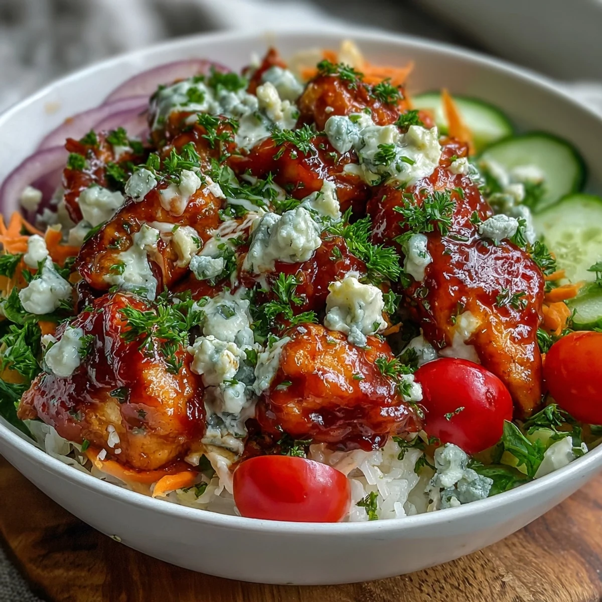 Buffalo Chicken Bowl with tender chicken, crisp romaine, carrots, tomatoes, and creamy ranch drizzle.