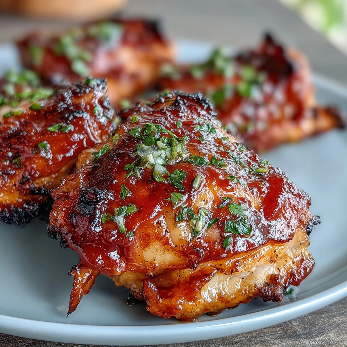 Golden-baked Guava BBQ Sauce Chicken thighs with crisp skin, fresh cilantro garnish, and a vibrant, sweet-tangy sauce on the side.