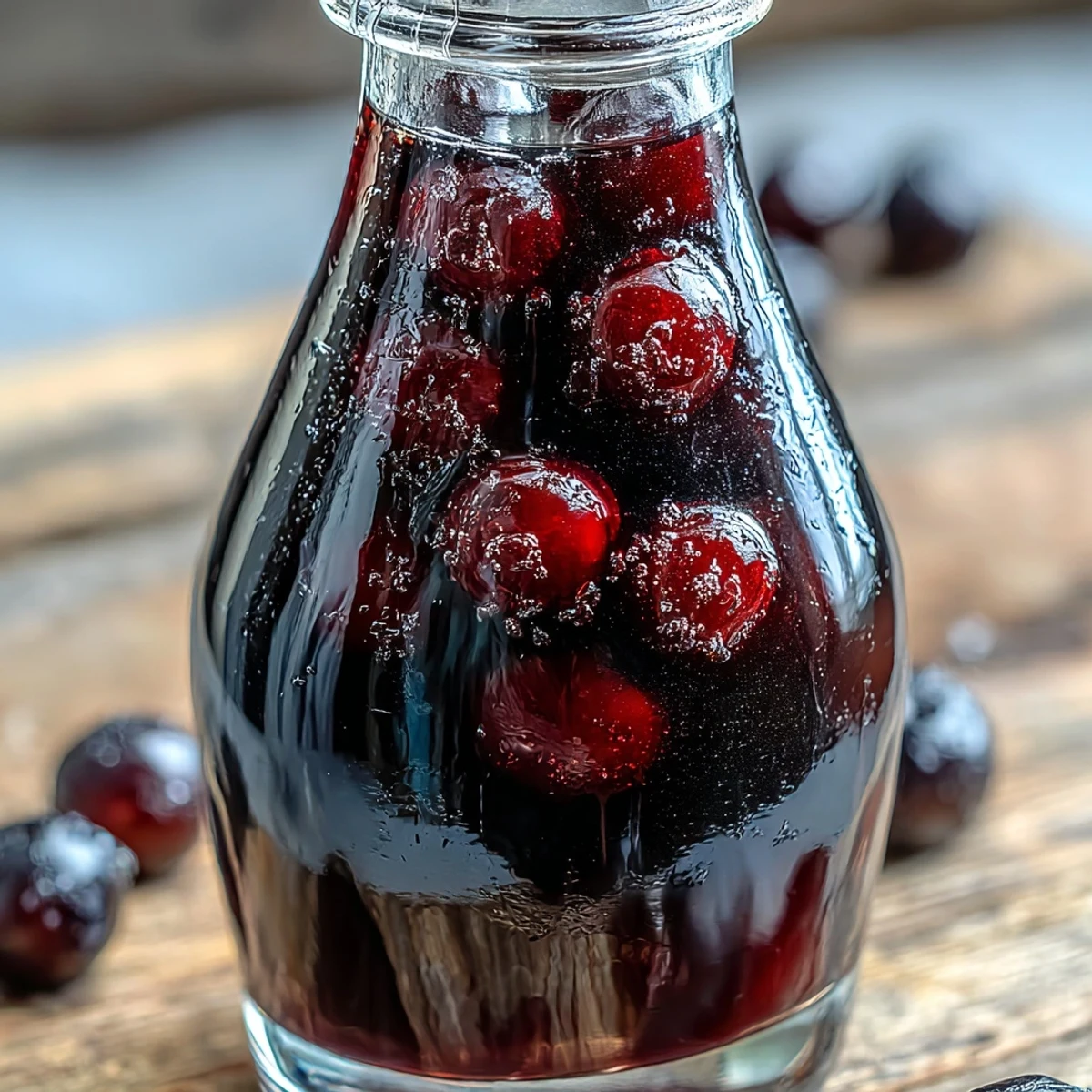 A bottle of chilled Blackcurrant Vodka Liqueur poured into a cocktail glass over ice.