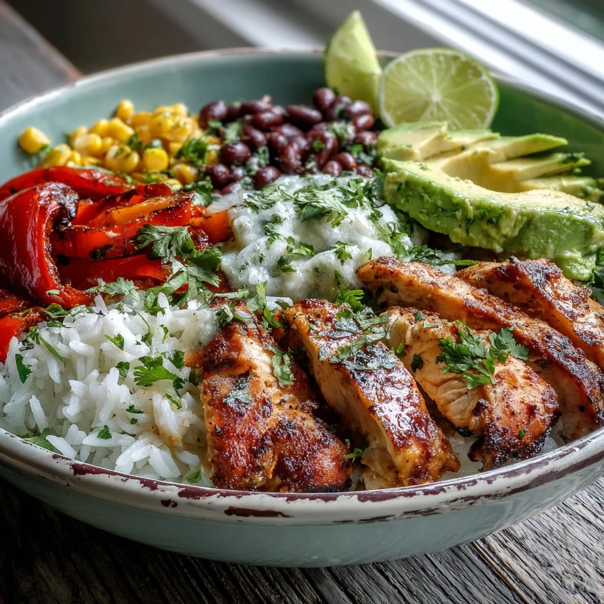 A hearty Cajun Chicken Bowl topped with sweet corn, red onions, cilantro, and lime wedges on a rustic wooden table.