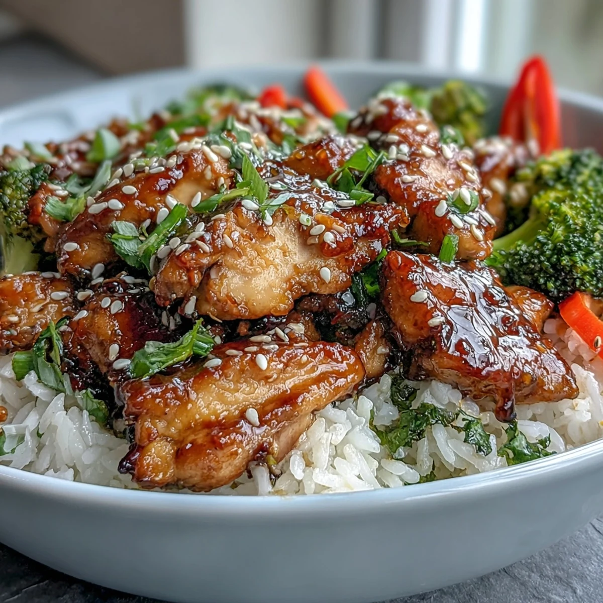 Glossy honey garlic sauce coats tender chicken pieces in this Honey Garlic Chicken Bowl garnished with sesame seeds.