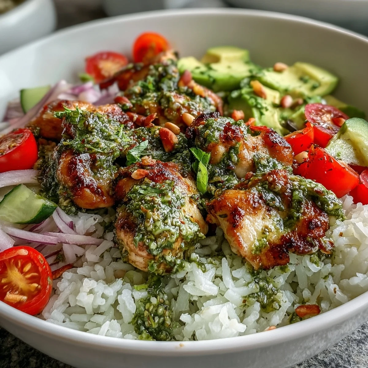 Fresh diced cucumber, halved cherry tomatoes, and creamy avocado slices add color to this gluten-free Pesto Chicken Bowl.