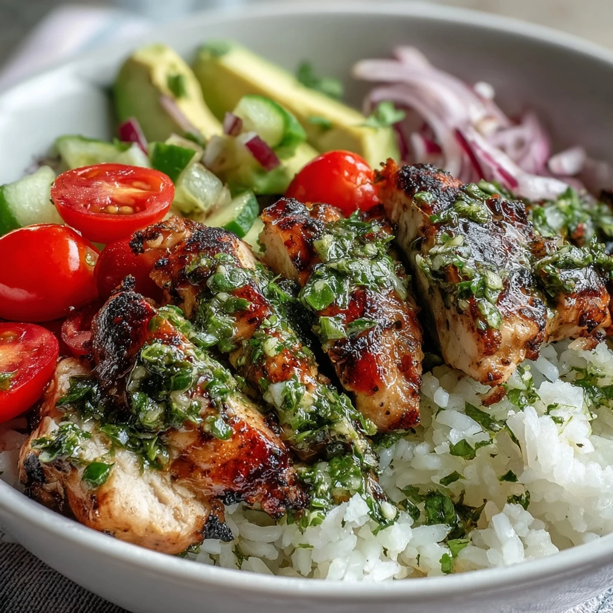 Colorful chimichurri chicken bowl features zesty herb-marinated chicken, cherry tomatoes, and a drizzle of vibrant green sauce.