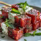 Refreshing watermelon feta mint skewers drizzled with olive oil, perfect for light snacks or party platters.  