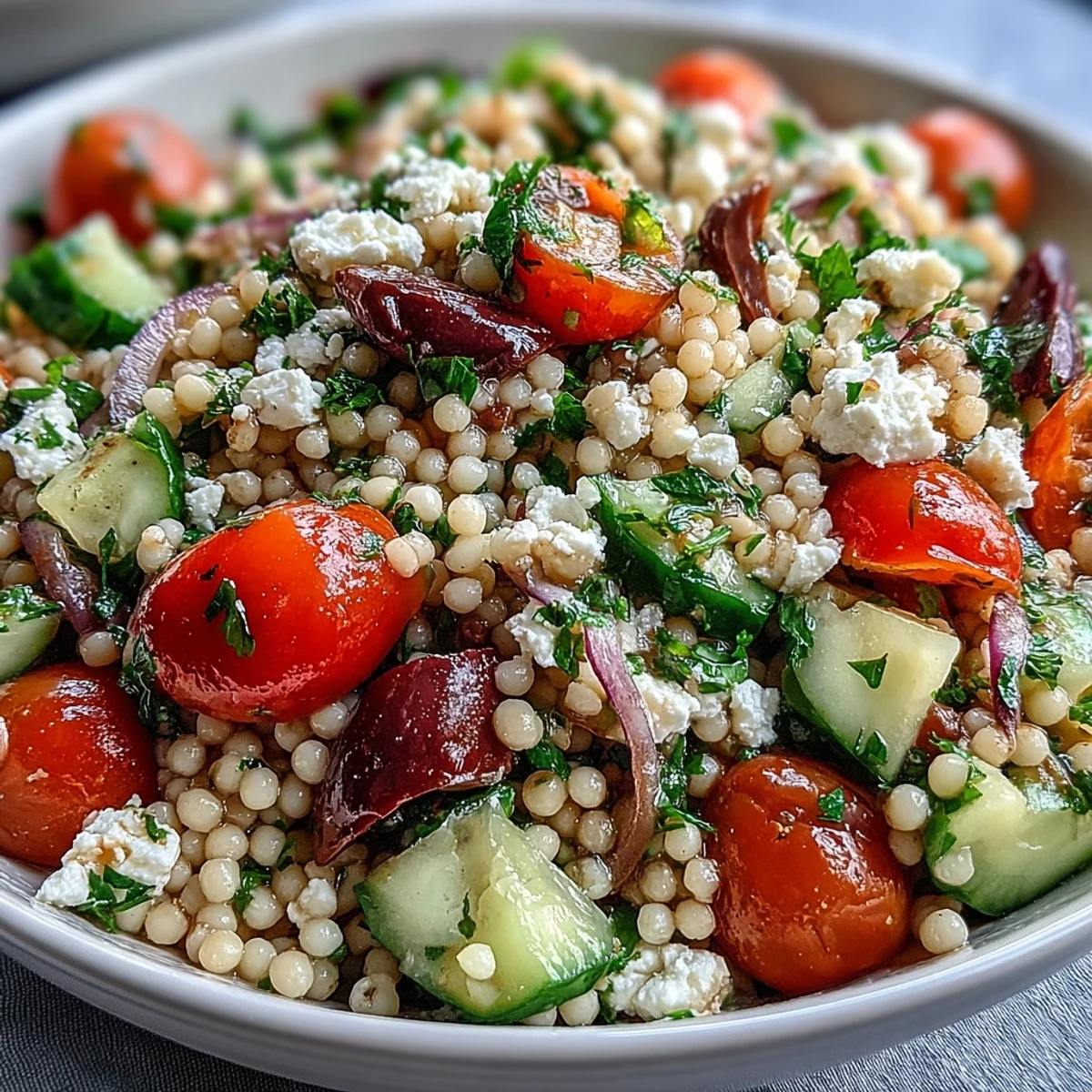 Freshly cooked Mediterranean Pearl Couscous tossed with crisp cucumber, sweet bell peppers, and briny kalamata olives.