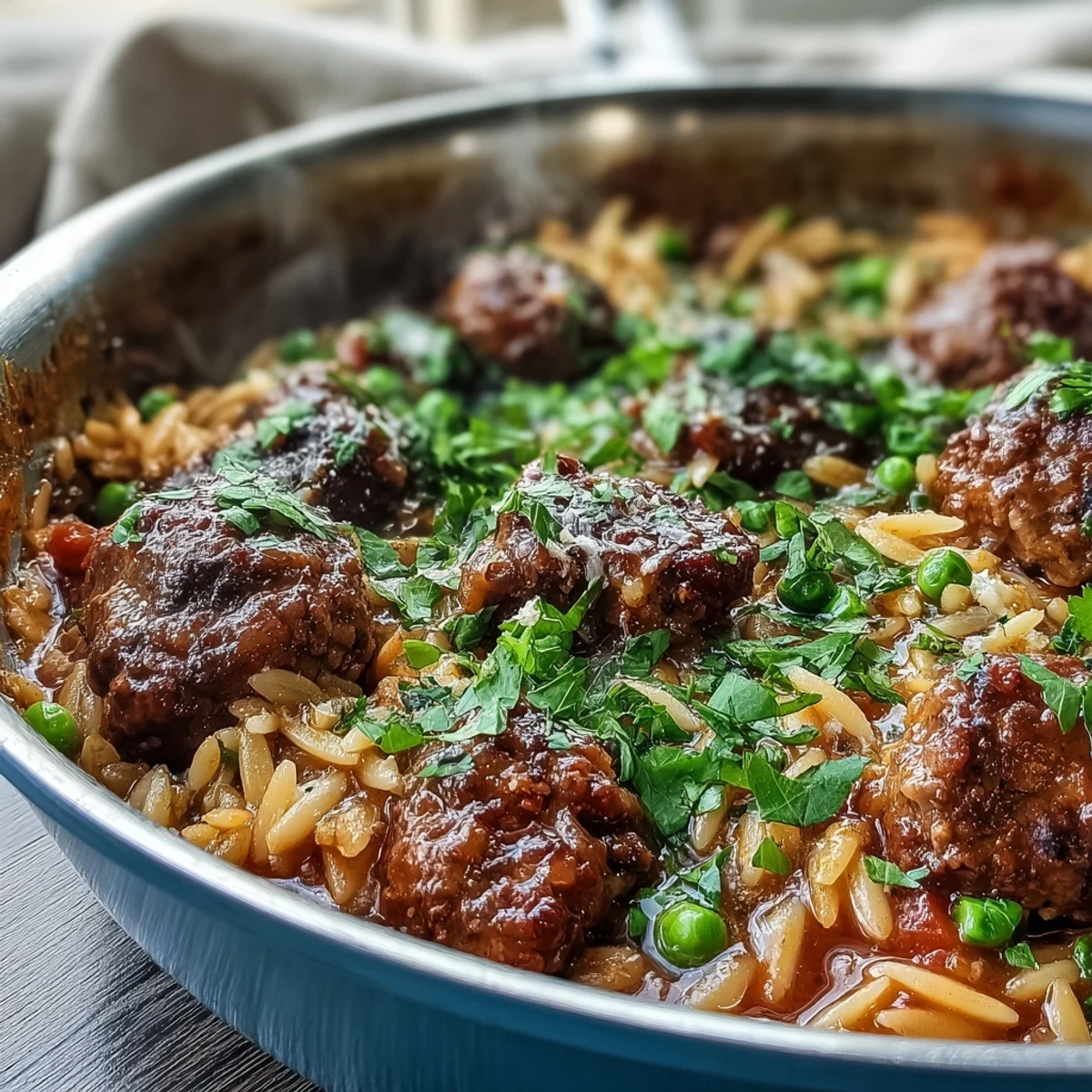 Bubbling Comforting Ground Beef Orzo Dinner with ground beef, bell peppers, and orzo simmered in a rich tomato broth.