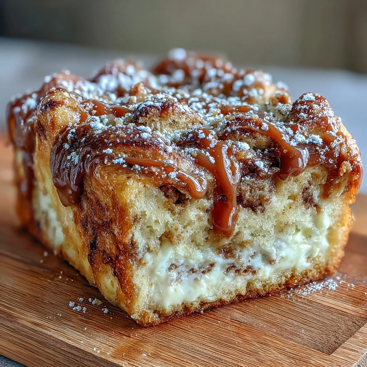 Freshly baked Caramel Cream Cheese Bread with a golden-brown crust and visible caramel drizzle on a marble countertop.