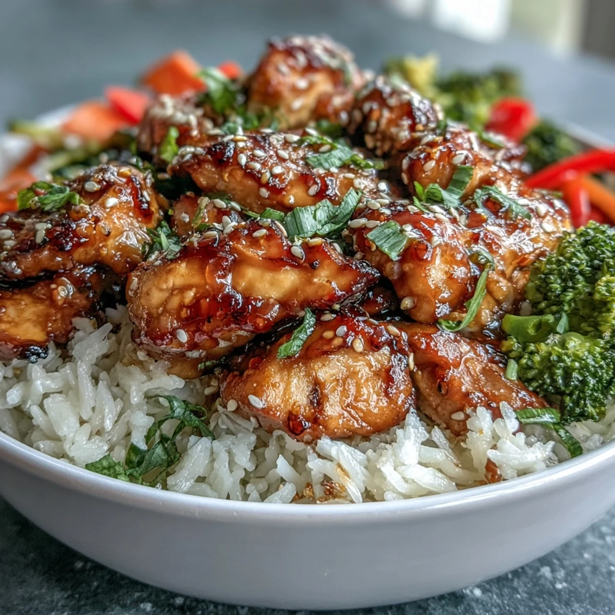 A warm bowl of Honey Garlic Chicken Bowl with fluffy rice, bright green broccoli, and sweet carrot slices.