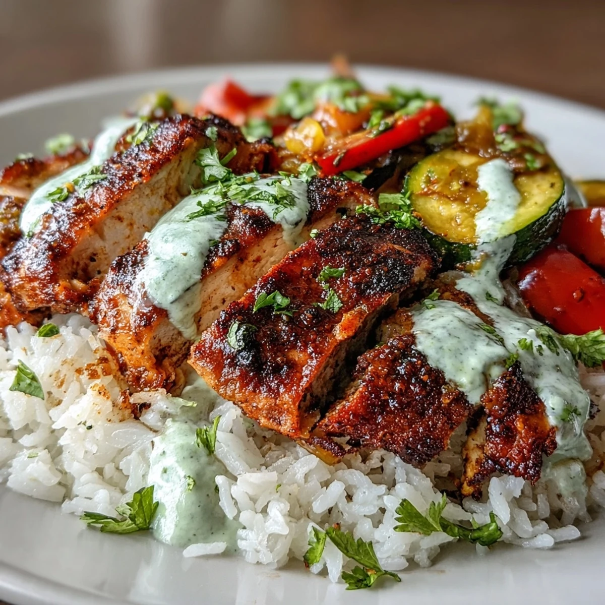 Golden-brown blackened chicken breast rests on fluffy white rice, topped with colorful sautéed bell peppers and zucchini, drizzled with creamy lime crema.