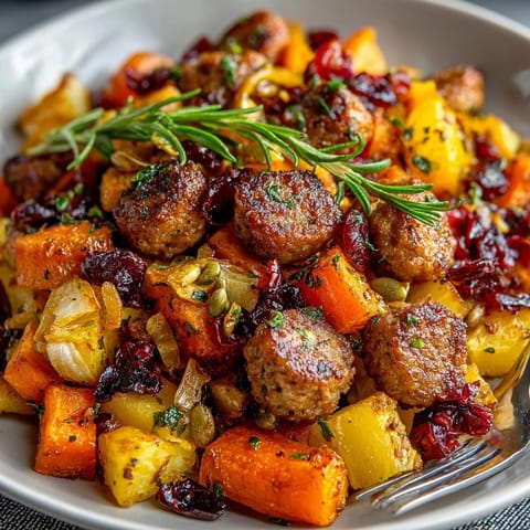 Colorful roasted root vegetable and sausage hash topped with parsley and toasted pumpkin seeds for fall.