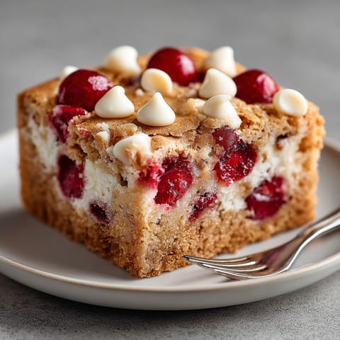 Warm, golden Cherry-Coded Maraschino Blondie Squares fresh from the oven with melting white chocolate.