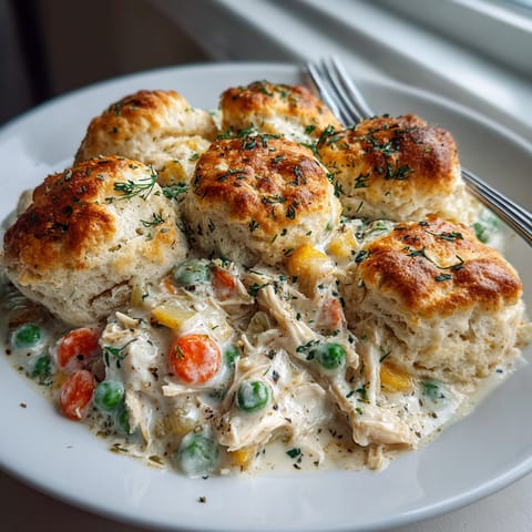 A warm, creamy Pickle-Fix Chicken Pot Pie Skillet with crispy biscuit topping, perfect comfort food.