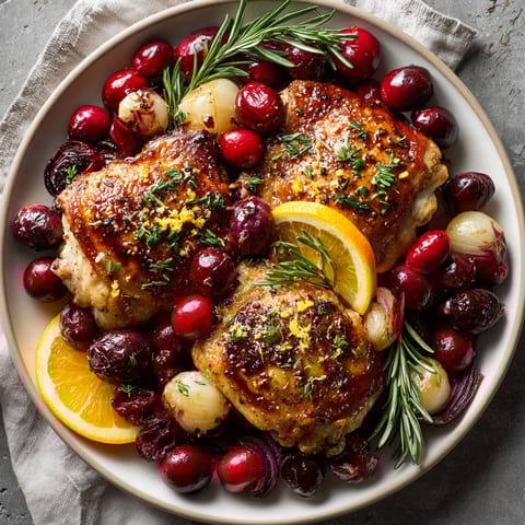 A beautifully roasted Cherry-Coded Holiday Cranberry Chicken Sheet Pan, seasoned with herbs, offering a savory holiday meal.