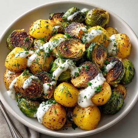 Vibrant image of the Pickle-Fix Roasted Brussels & Potatoes shows perfectly roasted vegetables with a delicious ranch sauce.
