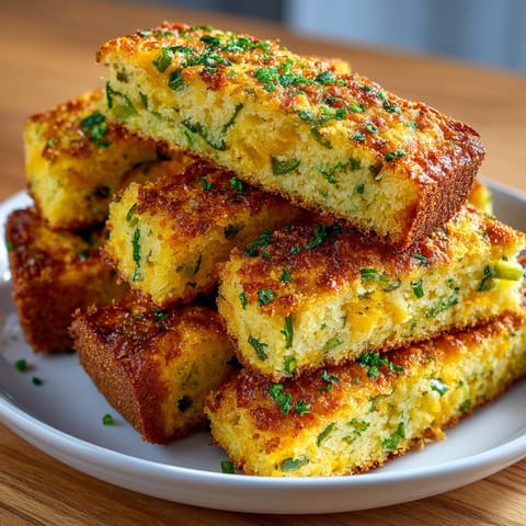 Flavorful, warm Pickle-Fix Jalapeño Cornbread Sticks, hinting at the spicy jalapeños and tangy pickles inside.