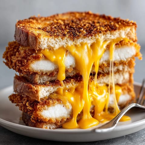 A close-up of a loaded pickle-brined fried chicken grilled cheese, showing crispy chicken between golden bread.