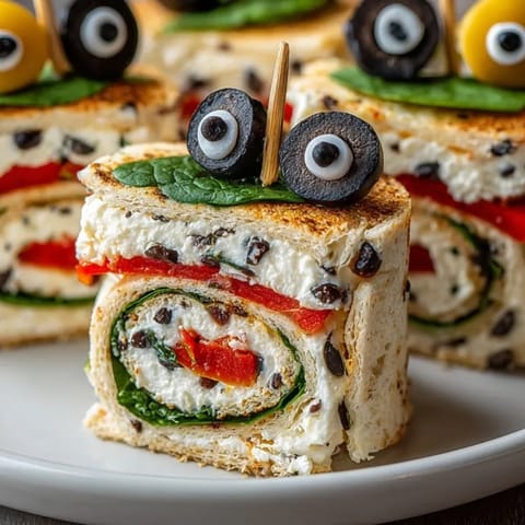 Savory Spooky Black Olive Tapenade Wraps: Perfectly rolled party wraps with black olive "eyes," perfect for Halloween!