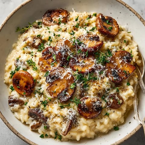 A close-up of the creamy One-Pot Mushroom Risotto, revealing tender Arborio rice and savory mushrooms.