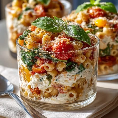 Creamy ricotta and fresh basil crown this delicious Layered Pasta Parfait, perfect for any vegetarian appetizer.