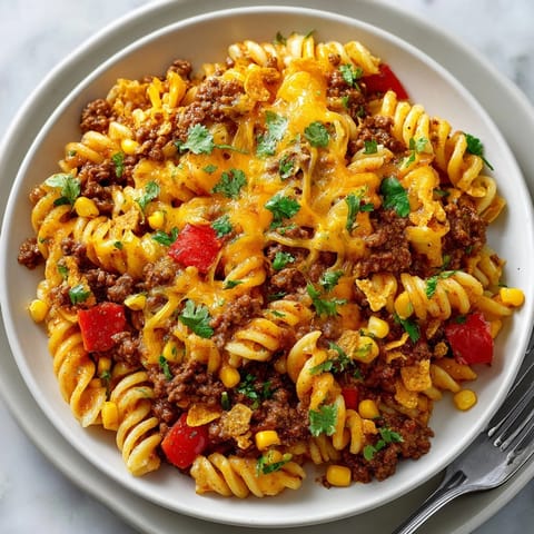 Golden, bubbly cheese and crispy Doritos crown this flavorful Taco Pasta Skillet, a family favorite.