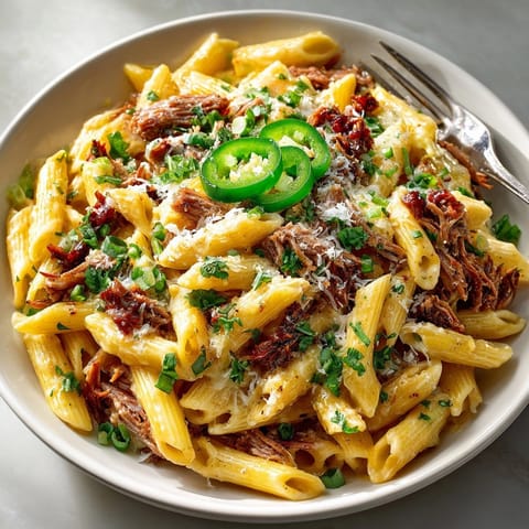 A vibrant photo of Texas BBQ Pasta, showcasing the rich sauce and tender penne pasta.