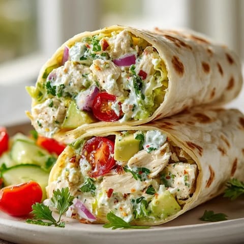 Plated Avocado Chicken Salad Wraps with bright cherry tomatoes and crisp romaine, ready for lunch.