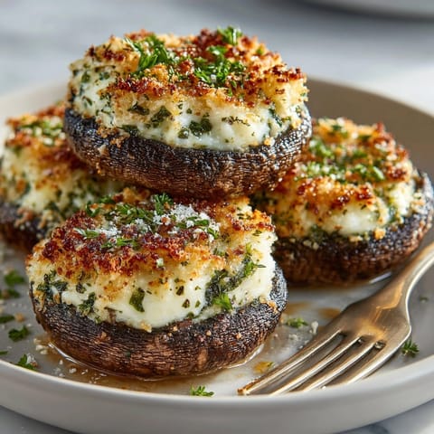 Cheesy stuffed portobello mushrooms with crispy breadcrumb topping fresh from the oven.