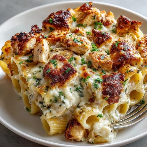 A hearty slice of creamy chicken Alfredo pasta bake served hot in a casserole dish.