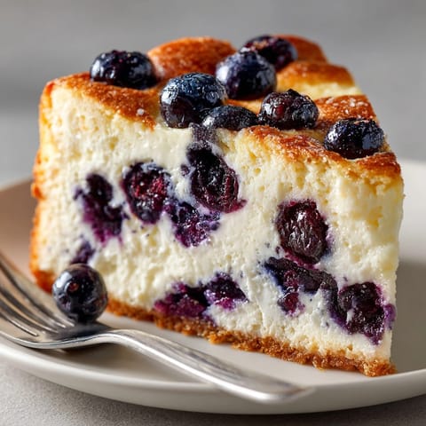 Golden Ricotta Blueberry Breakfast Cake with plump berries, served fresh on a rustic platter.