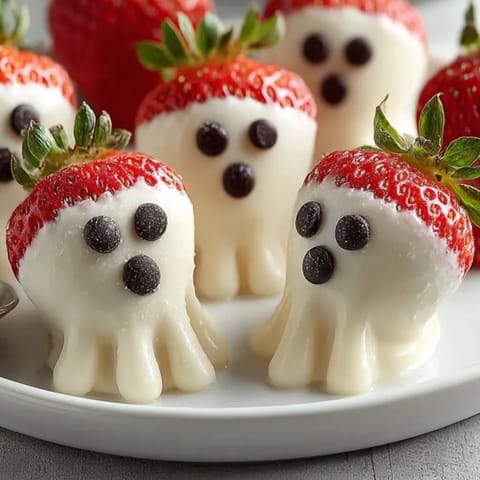 Frozen Yogurt-Covered Strawberry Ghosts garnished with chocolate chips, a dippable Halloween treat.