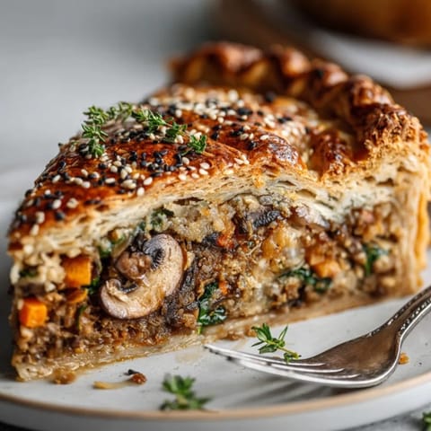 Flaky Vegan Mushroom & Chestnut Wellington centerpiece, sliced, revealing earthy filling.