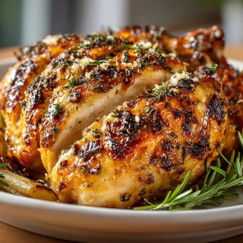 Savory Garlic Herb Roasted Chicken: Aromatic with fresh herbs, glistening in pan drippings after roasting.