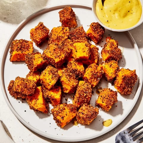 Roasted sweet potatoes coated in a crunchy pretzel layer, ideal appetizer for gatherings.  