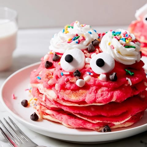 Vibrant Cherry Soda Monster Pancakes served with whipped cream and chocolate chip eyes.  